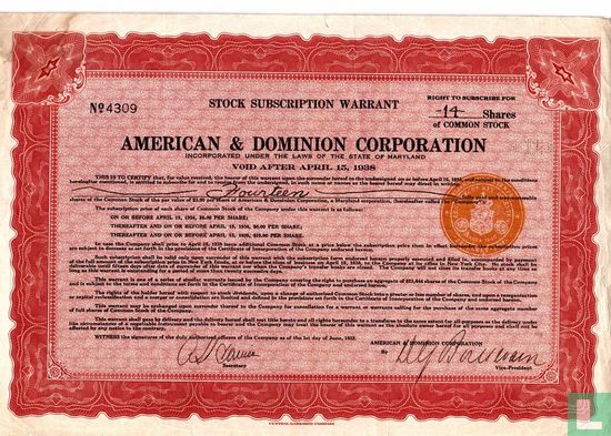American & Dominion Corporation, Stock subscription warrant for common stock shares