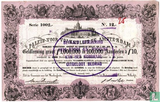 Paleis voor Volksvlijt, Amsterdam, Aandeel f 10,- in geldleening,1867 - Bild 1