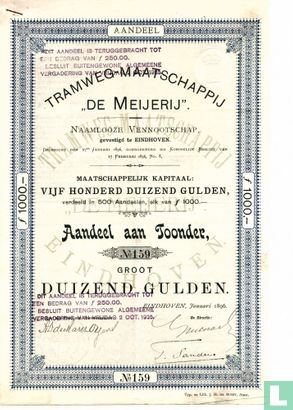 Tramwegmaatschappij "de Meijerij", aandeel f 1000,=, 1896 - Image 1