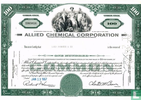 Allied Chemical Corporation, Certificate for 100 Shares, $ 9,= per share