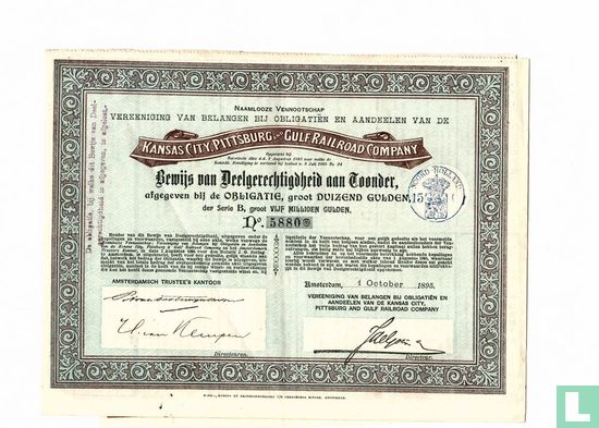 Kansas City, Pittsburg and Gulf Railroad Company, Obligatie 1.000 Gulden, 1895