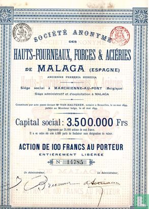 Societe Anonyme des Hauts-Fournaux, Forges & Arcieries de Malaga, Action de 100 Francs, 1899