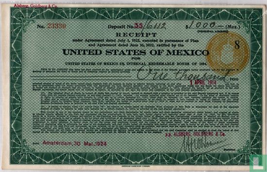 United States of Mexico, Receipt of 5% Internal Redeemable Bonds of 1.000 Pesos, 1894