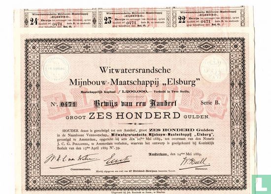 Witwatersrandsche Mijnbouw-maatschappij "Elsburg", Bewijs van een aandeel f 600,=, 1889