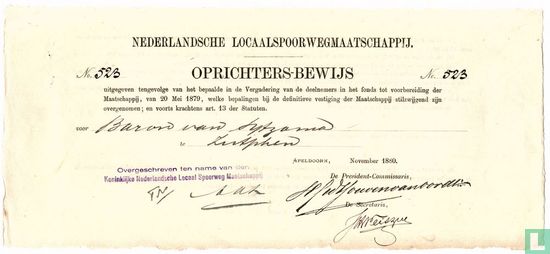 Nederlandsche Locaalspoorwegmaatschappij, Oprichtersbewijs, 1880 - Image 1