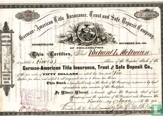 German-American Title Insurance, Trust and Safe Deposit Company, Share certificate, 5 shares, $ 50,=, , 1886