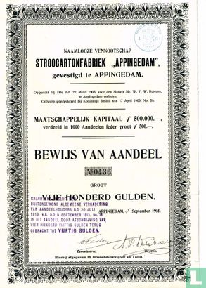 Stroocartonfabriek "Appingedam", Bewijs van aandeel vijf honderd gulden, 1905 - Bild 1