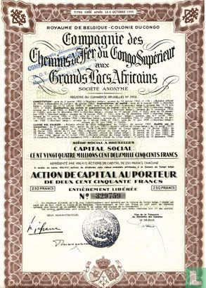 Compagnie des Chemins de Fer du Congo Superieur aux Grands Locs Africains, Action de capital 250 francs, 