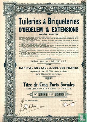 Tuileries & Briqueteries d'Oedelem & Extensions, Titre de cinq parts Sociales, 