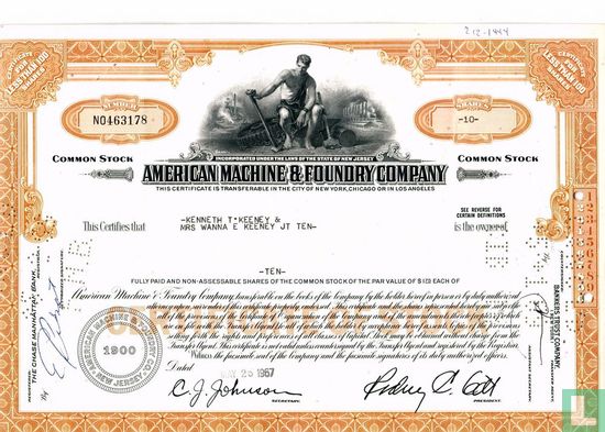 American Machine & Foundry Company, Certificate for less than 100 shares