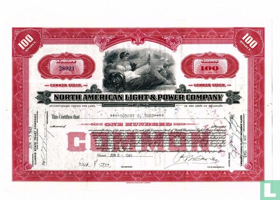 North American Light & Power Company, Certificate 100 Shares, Common stock