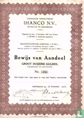 Ihanco N.V., Bewijs van Aandeel 1.000 gulden, 1940