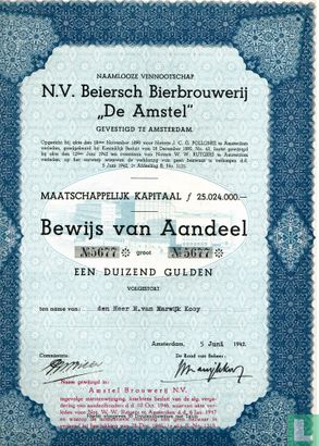 N.V. Beiersch Bierbrouwerij "De Amstel", Bewijs van aandeel 1.000 Gulden, 1942