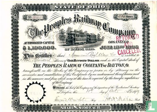 The Peoples Railway Company, Share Certificate, 1899