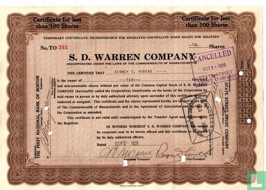 S.D. Warren Company, Certificate for less than 100 shares, 1929