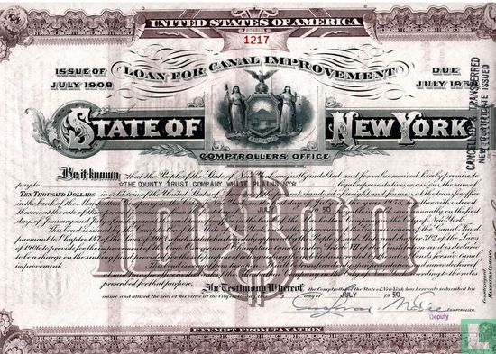 State of New York, Loan for Canal Improvement, $ 10.000,=, Issue of July 1908