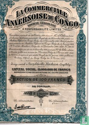 La Commerciale Anversoise du Congo, Action de 100 Francs, 1927