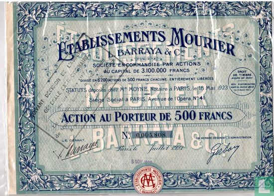 Etablissements Mourier, Action au Porteur de 500 Francs, 1923