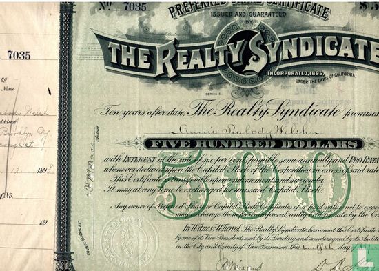 The Realty Syndicate, Preferred share certificate 500 Dollar, 1898