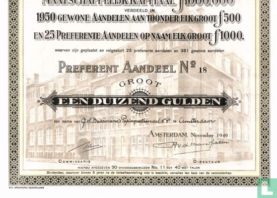 Drukkerij Senefelder, Preferent aandeel 1.000 Gulden, 1949 - Afbeelding 2
