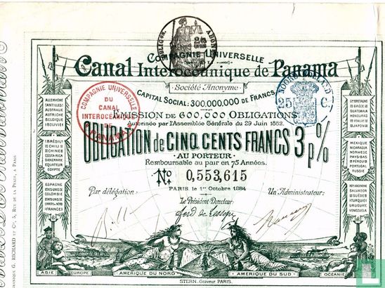 Compagnie Universelle Canal Interoceanique de Panama, Obligation de 500 Francs 3 %, 1884
