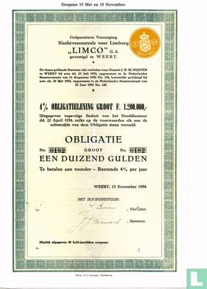 Coöperatieve Vereniging Slachtveecentrale voor Limburg "Limco", Obligatielening, 1954