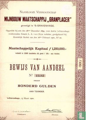Mijnbouw Maatschappij "Granplacer", Bewijs van aandeel 100 gulden, 1900