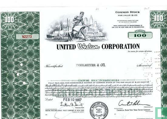 United Whelan Corporation, Certificate for 100 shares, Common stock