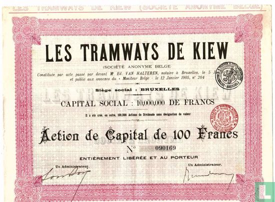 Les Tramways de Kiew, Action de Capital de 100 Francs, 1905