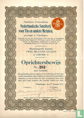 Nederlandsche smelterij voor tin en andere metalen, Oprichtersbewijs, 1916