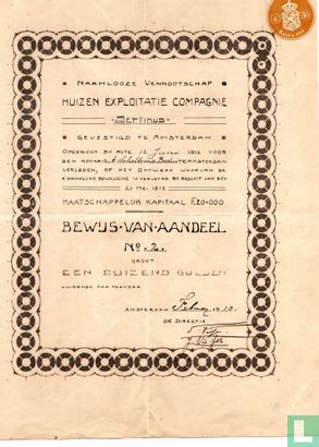 Huizen Exploitatie Compagnie "Septimus", Bewijs van aandeel f 1.000,=, 1913