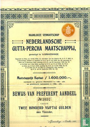 Nederlandsche Gutta-Percha Maatschappij, Bewijs van Preferent aandeel, 250 Gulden, 1911