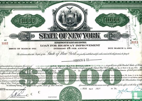 State of New York, Loan for Highway Improvement, $ 1.000,=, Issue of March 1911
