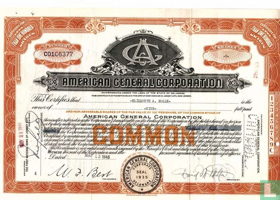American General Corporation, Certificate for lass than 100 shares