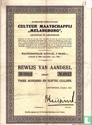 Cultuurmaatschappij "Melangbong", Bewijs van aandeel 250 Gulden, 1923