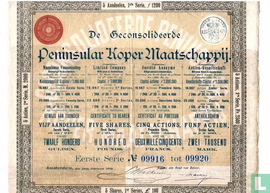 De geconsolideerde Peninsular Koper Maatschappij, Bewijs van 5 aandelen van 240 gulden, 1889