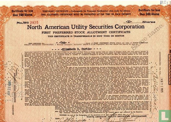 North American Utility Securities Corporation, Preferred Stock Certificate, 1925