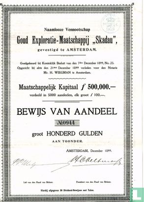 Goud Exploratie-Maatschappij "Skadau", Bewijs van aandeel 100 gulden, 1899