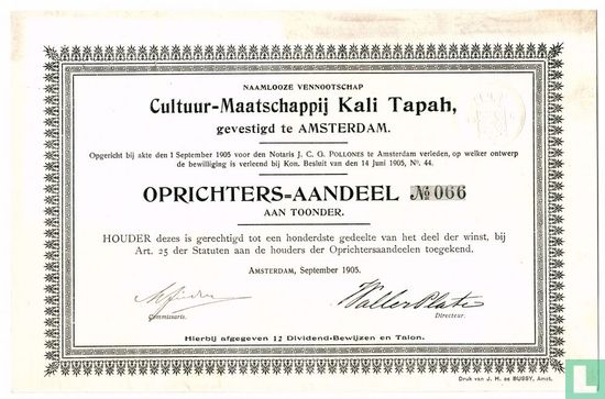 Cultuur Maatschappij Kali Tapah, Oprichters-aandeel, 1905
