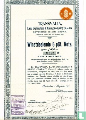 Transvalia, Land-exploration & Mining Company (beperkt), Winstdeelende 6 pct. note, 600 Gulden, 1911