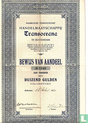 Handelmaatschappij Transoceana, Bewijs van aandeel, 1.000 Gulden, 1920