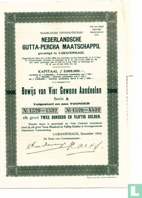 Nederlandsche Gutta-Percha Maatschappij, Bewijs van vier gewone aandelen, elk 250 Gulden, 1919