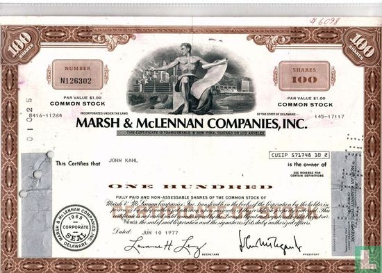 Marsh & McLennan Companies, Inc., Certificate of stock, 100 shares, 1977