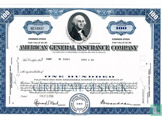 American General Insurance Company, Certificate for 100 shares