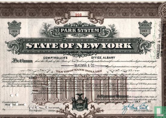 State of New York, Park System, $ 10.000,=, Issue of September 1926