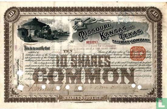 Missouri, Kansas and Texas Railway Company, Certificate 10 shares Common Stock, 1893