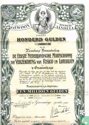 De eerste Nederlandsche Maatschappij tot Verzekering van Risico in Loterijen, Gewoon onder-aandeel 100 gulden, 1903