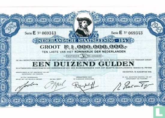 Nederlandsche Staatsleening 1943, Obligatie f 1.000,=, 1943