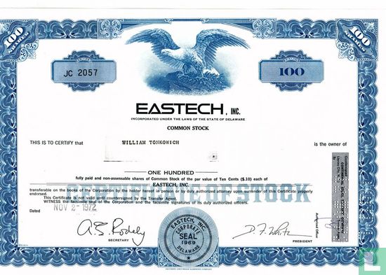 Eastech Inc., Certificate 100 shares