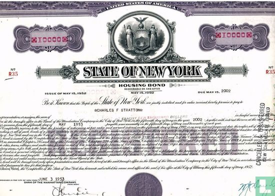 State of New York, Housing Bond, $ 10.000,=, Issue of May 15, 1952